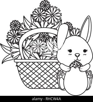 Niedliche Kaninchen mit Ostereier im Korb und Blumen gemalt Stock Vektor