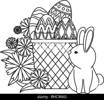 Niedliche Kaninchen mit Ostereier im Korb und Blumen gemalt Stock Vektor