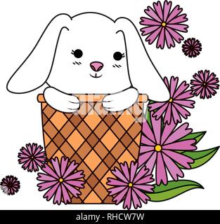 Niedliche Hase im Korb mit Blumen Stock Vektor