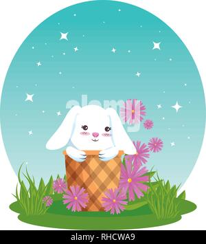 Niedliche Hase im Korb mit Blumen Stock Vektor