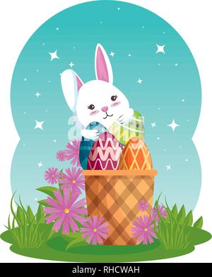 Niedliche Kaninchen mit Ostereier im Korb und Blumen gemalt Stock Vektor