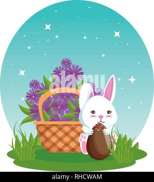 Niedliche Kaninchen mit Ostereier im Korb und Blumen gemalt Stock Vektor