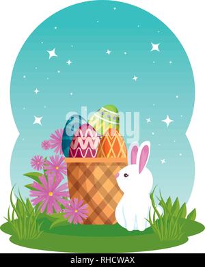 Niedliche Kaninchen mit Ostereier im Korb und Blumen gemalt Stock Vektor