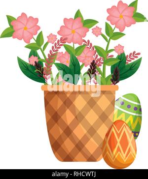 Eier bemalt und Korb mit Blumen Stock Vektor