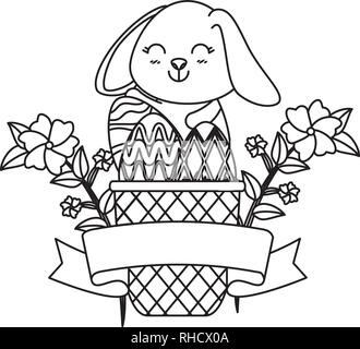 Niedliche Kaninchen mit Ostereier im Korb und Blumen gemalt Stock Vektor