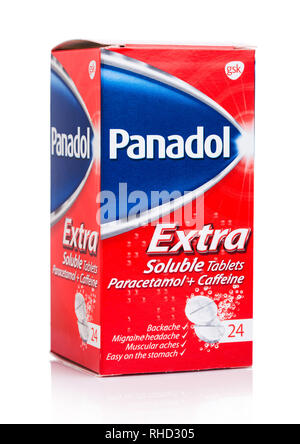 LONDON, Großbritannien - 15 Januar, 2019: panadol Extra lösliche Tabletten mit Paracetamol und Koffein auf Weiß. Stockfoto