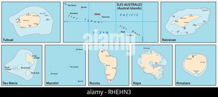 Vektorkarte der Austral Inseln im südlichen Pazifischen Ozean, Französisch Polynesien, Frankreich Stock Vektor