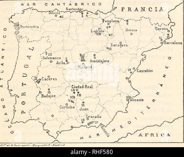 . Boletín de la Sociedad Española de Historia Natural. Natural History. DE HISTORIA NATURAL. ¥ 5 Kantabrien Santander. 3 ví (&gt; tun. A F R I A 7&gt;^C/í/'-t--ff r, J-^^ Yí, Manchas radioactivas. I.-Comprende las localidades Colmenar Viejo, Torrijos, Colme - narejo, Galapagar y San Rafael de El Espinar. Ii-Comprende las localidades Valencia de Alcántara, Albiirquerque y Albalá. Iir.-Comprende las localidades Barrueco-Pardo y Saucelle. Iv-Comprende las localidades Motril, Torviscón, y Sierra Nevada de Almería. V. - Comprende las localidades Conquista y venta de Azuel. Manantiales radioactivos-med Stockfoto