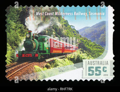 Australien - ca. 2010: einen gebrauchten Briefmarke aus Australien, Wilderness railway von Tasmanien, ca. 2010. Stockfoto