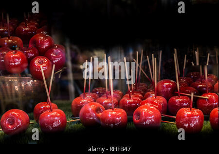 Candy Äpfel sind ganze Äpfel in einem harten Toffee oder Kandiszucker Überzug bedeckt, mit einem Stock eingefügt als Griff. Stockfoto