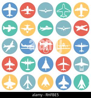 Flugzeug Symbole auf Farbe Kreise weißen Hintergrund für Grafik- und Webdesign, modernen einfachen Vektor unterzeichnen. Internet Konzept. Trendy Symbol für Web site Design web-Taste oder mobile App. Stock Vektor