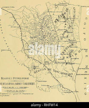 . Boletín del Instituto Geológico de México. Geologie; Geologie; Paläontologie. Boletín N? 26. Instituto Geológico de México LAm. I.-CIUDAD VICTORIA' y) ¡ B SOTO LA MA&amp; INA. GÓMEZ WEIT 1 als c O A Rebidnes Petrolíferas DE. SAN JOSÉ DE LAS HUSÍAS. 5 TANCASNIOII ABLND Y-? ES CALA - 1: l. QQD DQO 5 -^o'" o^ EXPLICACIÓN^-. Bitte beachten Sie, dass diese Bilder sind von der gescannten Seite Bilder, die digital für die Lesbarkeit verbessert haben mögen - Färbung und Aussehen dieser Abbildungen können nicht perfekt dem Original ähneln. extrahiert. Instituto Geológico de México. México: [Instituto] Stockfoto