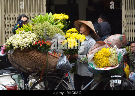 Hanoi, Vietnam - 13. Dezember 2017. Eine Straße Verkäufer verkauft frische Blumen aus der Rückseite des Ihr Fahrrad in der historischen Altstadt von Hanoi Stockfoto