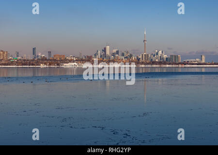 Panoramablick auf die kanadischen Winter Landschaft in der Nähe von Toronto, schöne gefrorene Ontario See bei Sonnenuntergang. Landschaft mit Winter Bäume, Wasser und blauer Himmel. Stockfoto