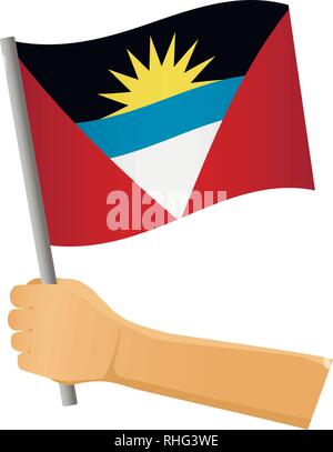 Antigua und Barbuda Flagge in der Hand. Patriotischen Hintergrund. Die Flagge von Antigua und Barbuda Vector Illustration Stock Vektor