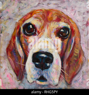 Portriat von adorable Beagle hund Gemälde auf Leinwand, Acryl Farbe. Stockfoto