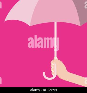 Hand mit rosa Regenschirm auf rosa Hintergrund, dekorative Grußkarten zum Valentinstag - Vektor flache Bauweise Stock Vektor