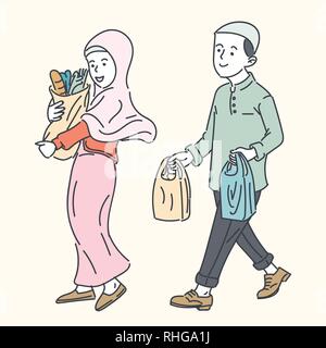 Happy muslimische Familie mit Vater, Mutter und Sohn, Frau hijab tragen, einfache Linie Cartoon Illustration Stock Vektor