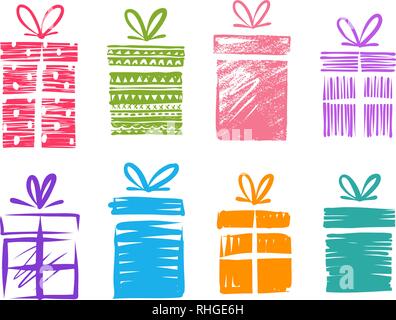 Geschenkboxen mit Bogen, der Symbole festlegen. Doodle Vector Illustration Stock Vektor