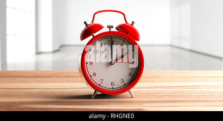 Europäische Sommerzeit Ende rot Wecker auf hölzernen Schreibtisch, leer Home Hintergrund, kopieren. 3D-Darstellung Stockfoto