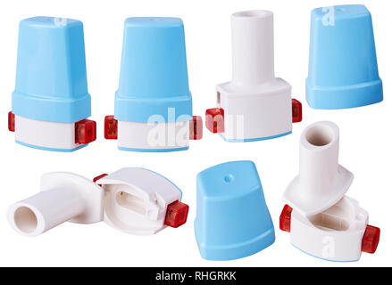 Pocket personal Kapsel Inhalator in verschiedenen Positionen auf weißem Hintergrund. Prävention und Behandlung von Bronchospasmus. Stockfoto