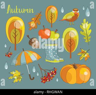 Herbst - Symbol und Objekte des Blattes, Mutter, Kürbis, Weizen, Nelken, Haselnuss, Walnuss, Acorn. Vektor graviert Objekte detaillierte botanische Abbildungen Stock Vektor