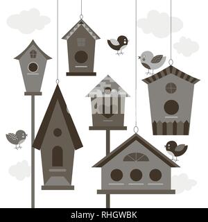 Sammlung von Vögeln und Vogelhäuschen. Vector Illustration, EPS 10. Stock Vektor