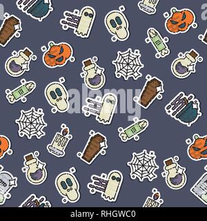 Vektor Halloween Muster. Farbige Symbole des Schädels, Spinne, Web, Kürbisse, Kessel. Designelemente für Halloween Party Poster. Stock Vektor