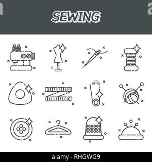 Flache Symbole vektor Sammlung von nähen. Satz flacher Vector Icons zum Nähen oder handgefertigte Gegenstände und Werkzeuge auf weißem Hintergrund. Stock Vektor
