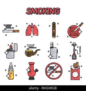 Rauchen flachbild Icons Set isoliert Vector Illustration Stock Vektor