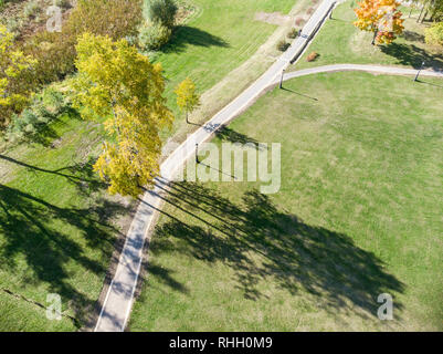 Top Luftbild der Stadt Park. Bäume mit orange trockenem Laub wächst neben park Fußweg Stockfoto