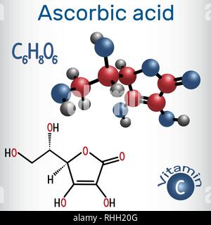 Ascorbinsäure (Vitamin C). Strukturelle chemische Formel und Molekül-Modell. Vector Illustration Stock Vektor