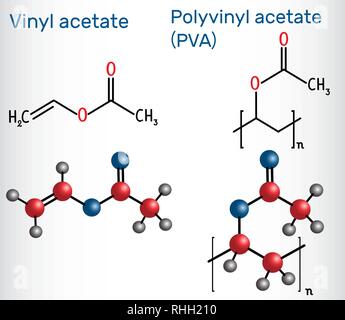 Polyvinyl-Azetat (PVA) Polymer und Vinylacetatmonomer Molekül. Strukturelle chemische Formel und Molekül-Modell. Vector Illustration Stock Vektor