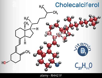 Colecalciferol, Cholecalciferol (Vitamin D3) Molekül. Strukturelle chemische Formel und Molekül-Modell. Vector Illustration Stock Vektor