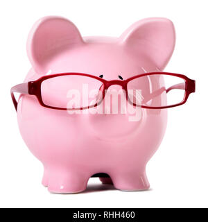 Rosa Sparschwein mit Brille Stockfoto