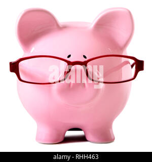 Rosa Sparschwein Brille isoliert weißer Stockfoto