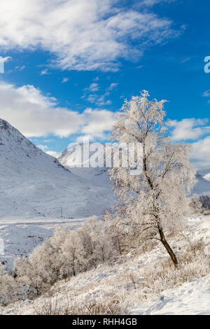 Raureif verwandelt die Szene in ein Wintermärchen auf dem langen Weg durch Coupall fällt zu Glen Etive auf Rannoch Moor, Highlands, Schottland im Winter Stockfoto