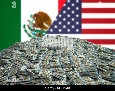 Stapel von 100 Dollar Wechsel vor der Mexikanischen und United States Flag-3-D-Rendering Stockfoto