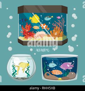 Glas Aquarium Festlegen unterschiedlicher Form für Innen Home. Satz von Fisch und blaues Wasser. Stock Vektor
