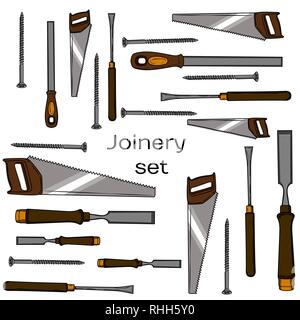 Sammlung von Hand gezeichnet Schreinerei, Schreiner, tischlerei Symbole. Handwerk Holzarbeiten Schraubendreher Tabelle Hamme, Tischler. Stock Vektor