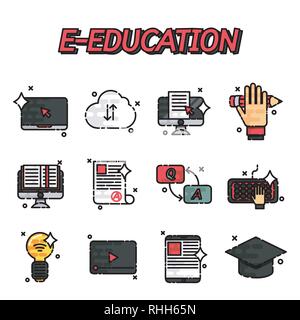Online Education e-learning video tutorial Training flache Icons Set Vector Illustration Stock Vektor