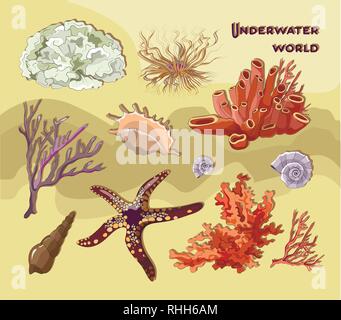 Eingestellt von Unterwasserobjekten. Algen, Blasen, Steine. Für web design, Druck, Karten Videospiele Poster Zeitschriften Zeitungen Stock Vektor