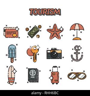 Reisen, Tourismus, Urlaub Symbole gesetzt. Flat Style Design Vector Illustration Stock Vektor
