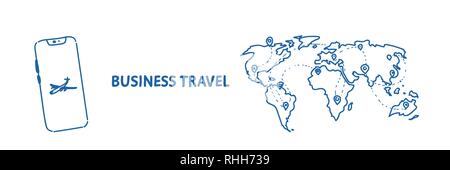 Mobile business travel concept Tourismus Gesellschaft Agentur Weltkarte mit Pins internationale Reisen mit dem Flugzeug Skizze flow Stil horizontal Stock Vektor