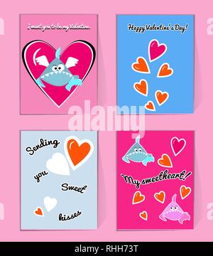 Blau und Rosa Haie mit Herzen. Netten gruss Valentine Karte mit wünschen. Sie mein Valentin Vector Illustration. Stock Vektor