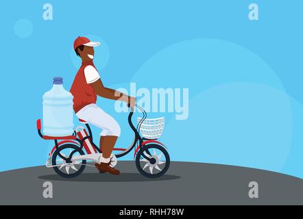 Mann liefern Radfahren Fahrrad Durchführung Plastikflasche express Wasser Lieferung Konzept afrikanische amerikanische Kerl in Uniform Reiten Fahrrad männliche Zeichentrickfigur Stock Vektor