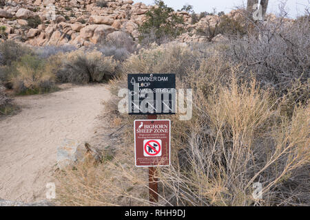 Schild nach Barker Dam und Wall Street Mühle in Joshua Tree National Park. Dickhornschafe Zone Stockfoto