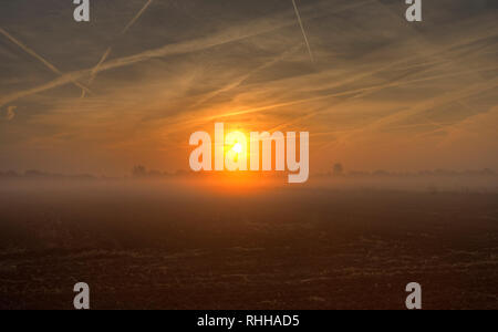 Viele von Kondensstreifen in einem orange sky bei Sonnenaufgang Stockfoto