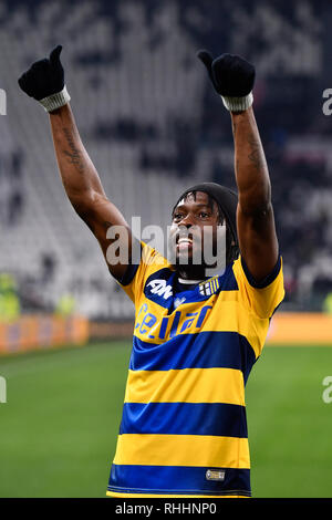 Turin, Italien. 2. Feb 2019. Gervinho (Parma Calcio 1913) Während der Serie ein Fußballspiel zwischen FC Juventus und Parma Calcio 1913 bei der Allianz Stadion am 2. Februar 2019 in Turin, Italien. Quelle: FABIO UDINE/Alamy leben Nachrichten Stockfoto