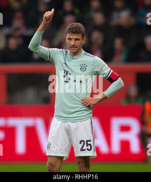 Leverkusen, Deutschland. 2. Feb 2019. Bundesliga, Spieltag 20, Bayer 04 Leverkusen gegen FC Bayern München: Thomas Müller (FCB) Gesten. Credit: Jürgen Schwarz/Alamy leben Nachrichten Stockfoto